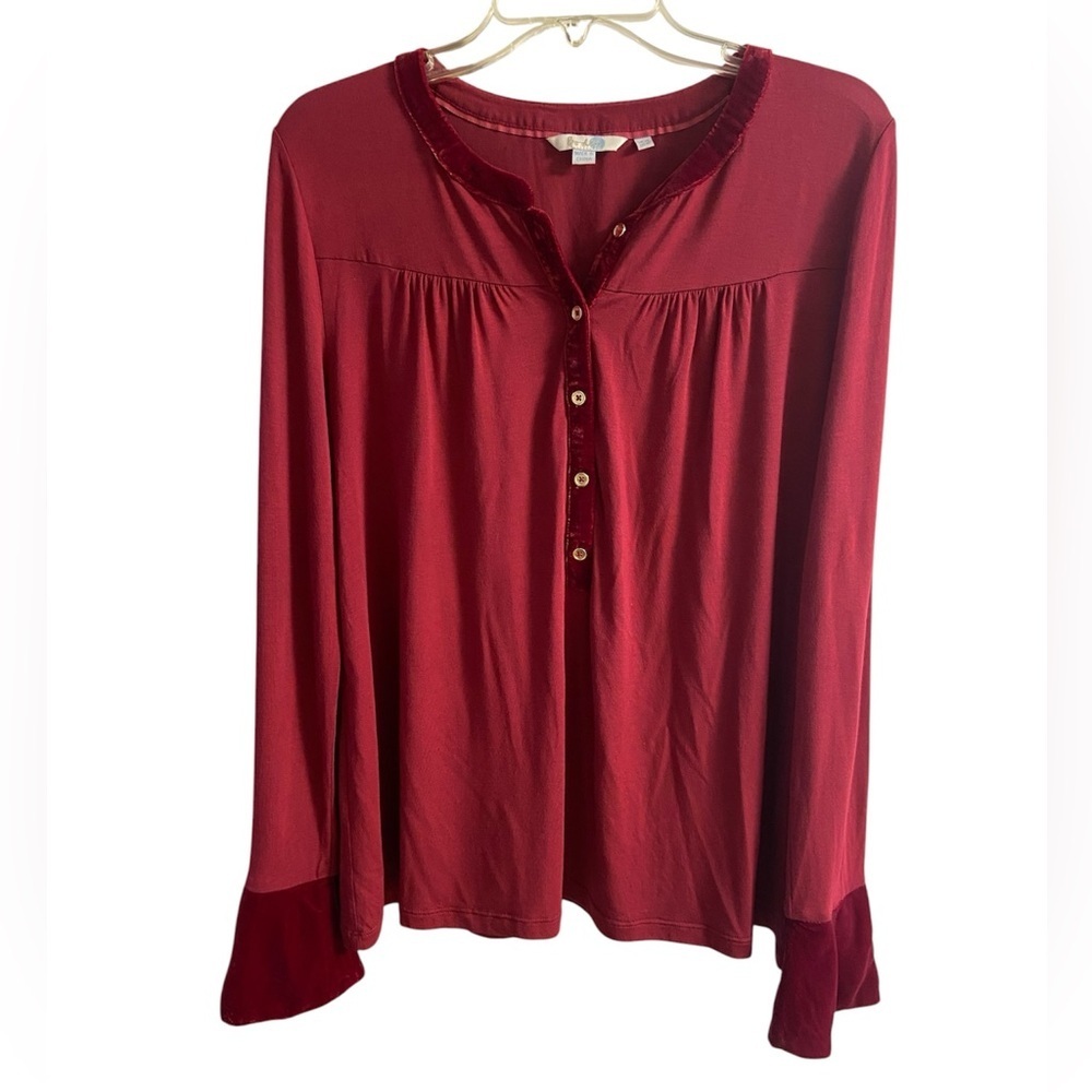 Boden Nadine velvet trim pop over blouse modal  bell sleeves Sz 10 - Picture 2 of 7